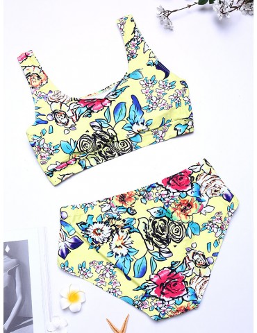 Women Plus Size High Waist U Neck Printed T-shirt Bikini Suit