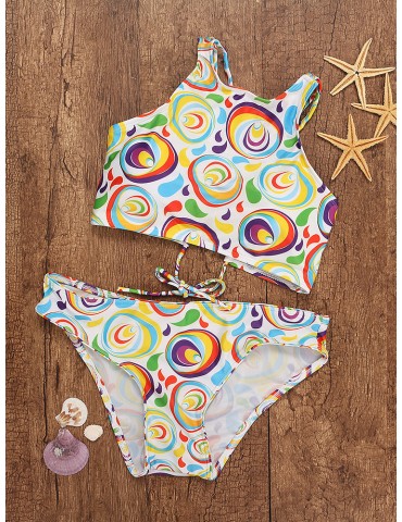 Printed Colorful String Lace Up High Neck Bikini Swimsuit