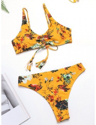 Tassel String Yellow Printed Flower Ribbed Texture Lace Up Bra Thong Bikini