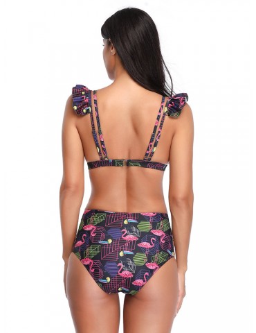 Sexy Women Bikinis Flamingo Print Flounce Straps High Waist Swimsuits