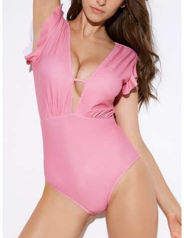 Sexy Flounce Sleeve Hollow Scoop Back Solid Color Monokini Swimsuits For Women