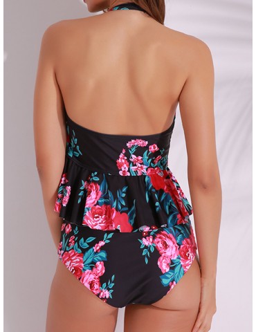 Halter Two-sided Striped Flower Printed High Elastic Conservative Bathing Suits