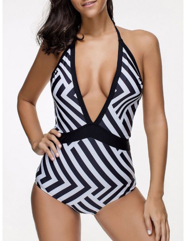 Deep V Stripes Halter Backless Siamese Swimsuit Bathing