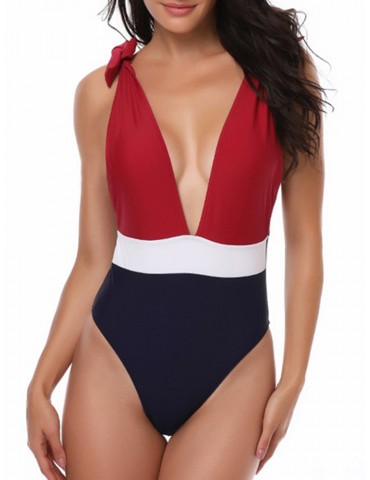 Sexy Deep V Patchwork Backless One Piece Swimsuit For Women