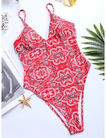 High Fork Printed Retro Bustier Scoop Back Deep V One Piece Swimsuits For Women