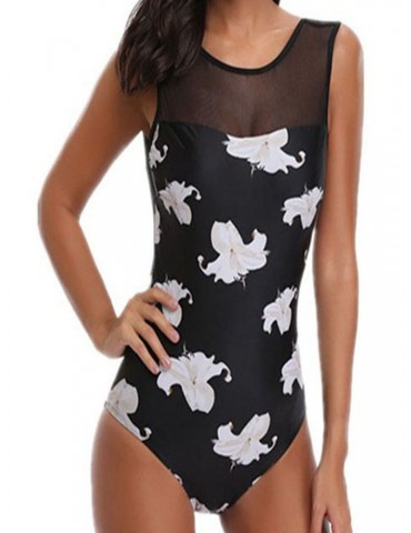 Patchwork Mesh Printed U Back One Piece Swimwear For Women