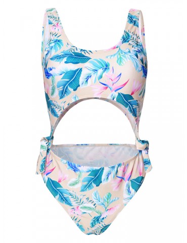 Printed Plant Cut Out Monokini Swimwear For Women