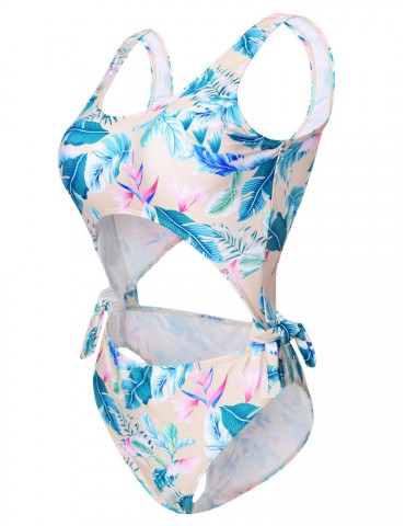 Printed Plant Cut Out Monokini Swimwear For Women