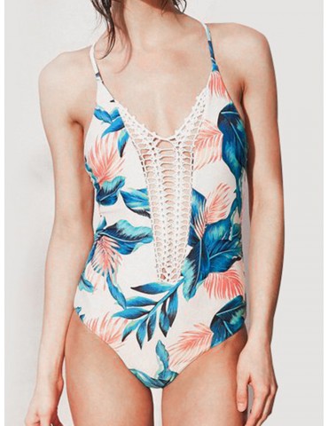 Front Hollow Out Floral Printing Swimsuit Halter Wireelss Triangle Monokini