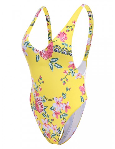 Printed High Waist Thong Scoop Back Sexy Monokini Swimwear For Women