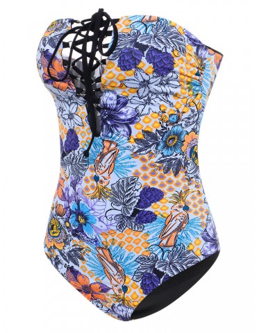 Bandage Printed High Waist Criss Cross Strapless Monokini Swimsuits For Women