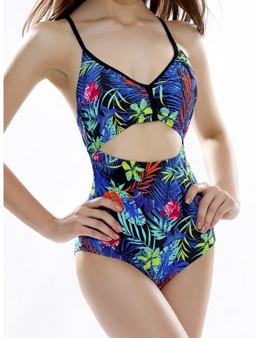 Printed Deep V Cover Belly Hollow One Piece Swimsuit For Women