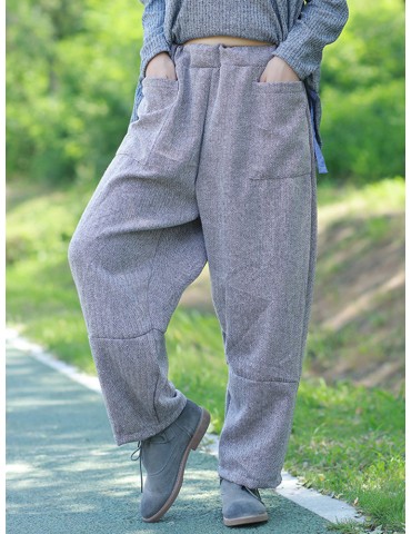 Casual Loose Solid Grey Big Pockets Women Wide Leg Pants