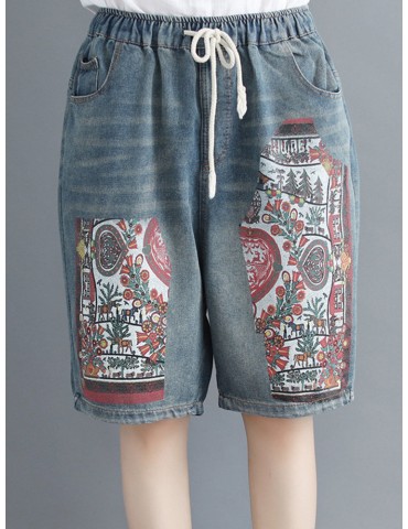 Ethnic Print Patchwork Drawstring Waist Jeans For Women