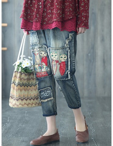 Cartoon Embroidery Distressed Pockets Casual Denim