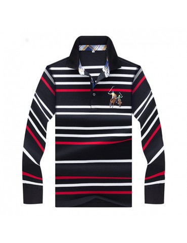 Mens Embroidery Logo Striped Printed Golf Shirt Spring Fall Long Sleeve Casual Business Tee Tops