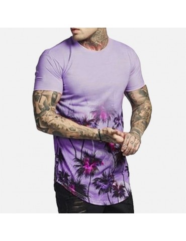 Mens Floral Printed Round Hem Short Sleeve O-Neck Casual Cotton Loose T-shirts