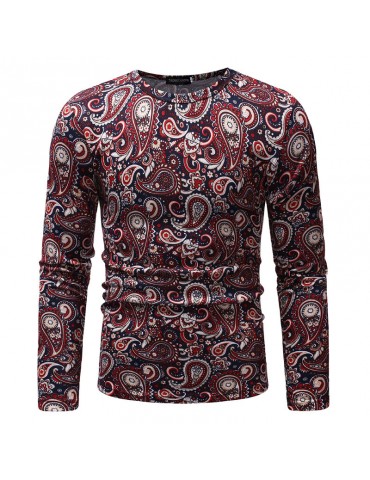 Mens Cashew Flowers Printing Crew Neck Long Sleeve Slim Fit Casual T shirt