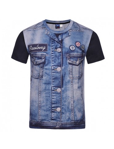 Mens Creative 3D Denim Jacket Printed Tops O-neck Short Sleeve Casual T-shirt