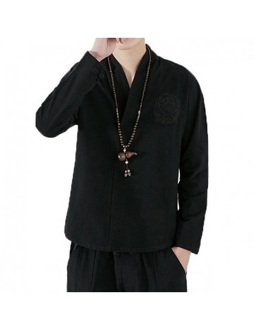 Mens Chinese Style Embroidery V-Neck Cotton T Shirts Casual Solid Color Long Sleeve Loose Tee Tops