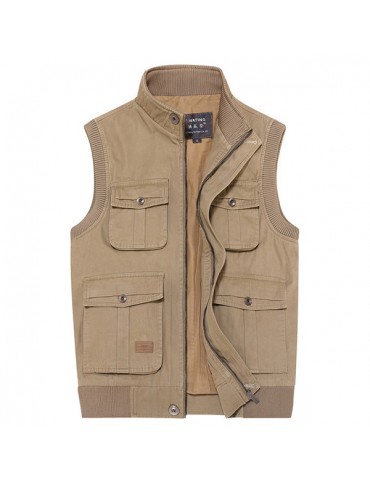 Casual Outdoor Cotton Multi-Pocket Fishing Photographic Stand Collar Waistcoat for Men