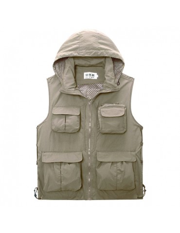 Mesh Outdoor Casual Thin Fishing Photography Detachable Hood Vest for Men