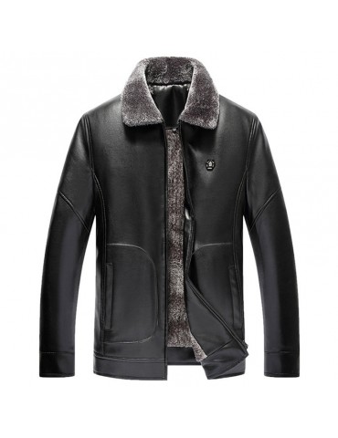 Mens Leather Lapel Thicken Jacket PU Solid Color Casual Business Woolen Coat