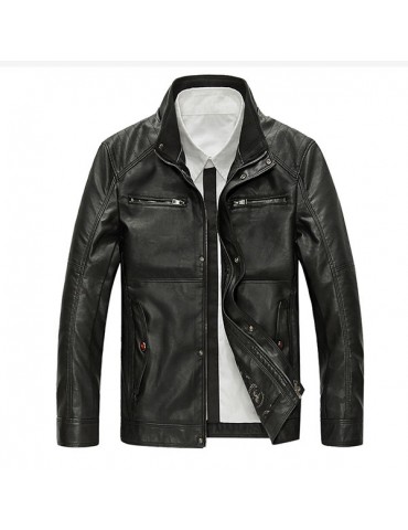 Motorcycle Style Outdoor PU Leather Multi Pockets Solid Color Jacket for Men