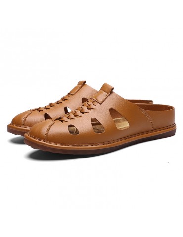 Large Size Men Stitching Soft Sole Leather Backless Loafer Casual Sandals