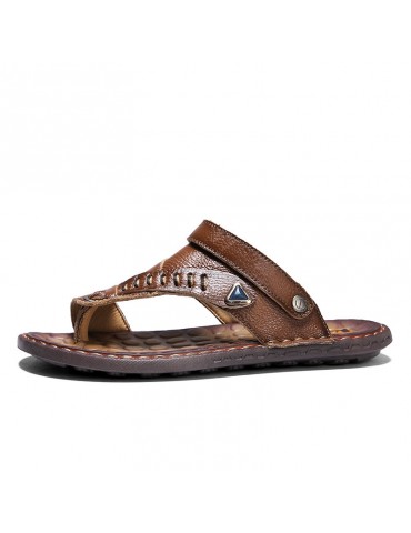 Men Genuine Leather Metal Buckle Clip Toe Casual Sandals