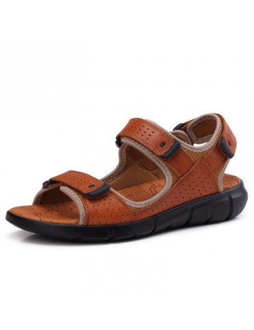 Large Size Men Genuine Leather Hook Loop Casual Beach Sandals