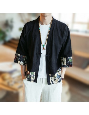 Men Printing Short Sleeve V Neck Loose Cotton Linen Coat