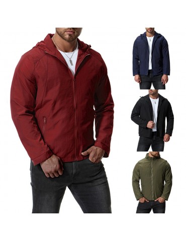 Mens Pure Color Autumn Hooded Zipper Up Pockets Cotton Jackets