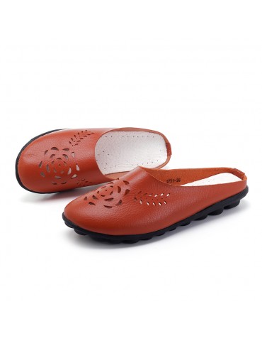 Hollow Backless Leather Comfortable Soft Flat Casual Shoes