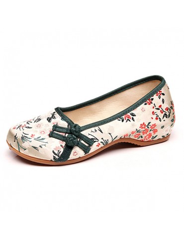 Frog Closures Embroidered Flower Vintage Flat Shoes