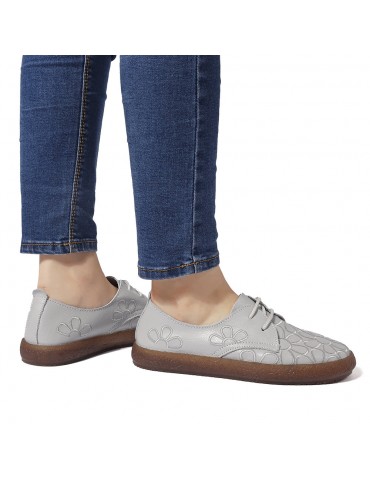 Floral Leather Soft Lace Up Flat Casual Shoes