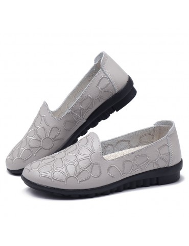 Women Casual Flowers Round Toe Genuine Leather Flats