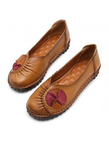 Big Size Women Soft Comfy Genuine Leather Flower Flats Shoes