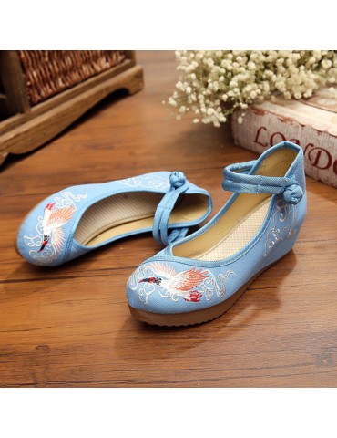 Crane Cloud Embroidery Chinese Knot National Wind Lace Up Wedge Heel Shoes