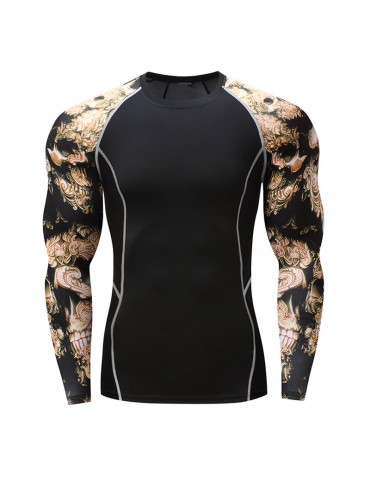 Mens Elastic Sport Training Running Gym Breathable Quick Drying Printing Sleeve Casual Skinny Tops