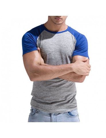 Mens Spring Summer Brief Style Hit Color Round Neck Short Sleeve Slim Fit Casual Sport T-shirt