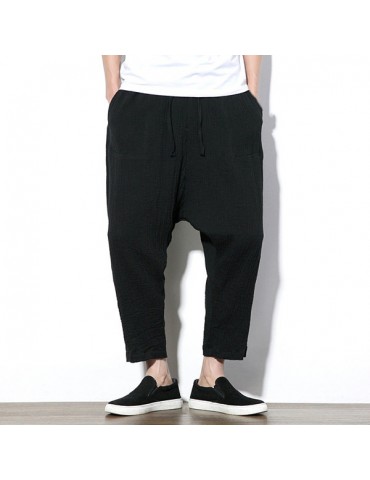 Mens Chinese Style Linen Harem Pants Elastic Waist Solid Color Loose Casual Pants