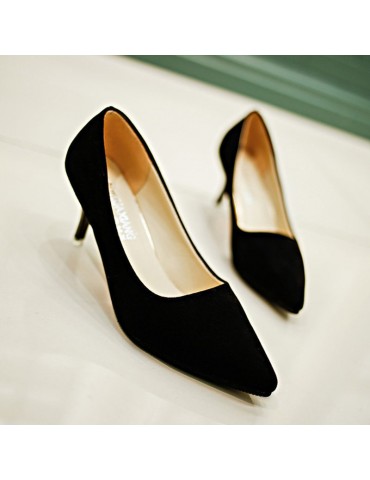 Pointed Toe Pure Color Slip On Kitten Heel Pumps