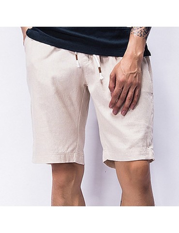 Mens Summer Cotton Linen Elastic Waist Drawstring Solid Color Knee Length Casual Beach Shorts