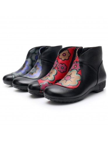 Plus Size Women Folkways Warm Genuine Leather Flowers Zippers Ankle Boots