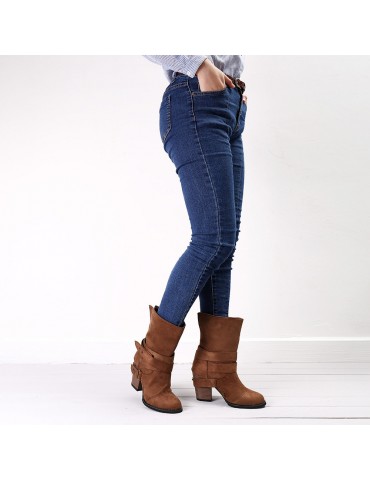 Big Size Women Comfy Suede Buckle Mid-Calf High Heel Boots