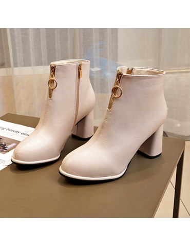 Round Toe Side Zipper High-heeled Thick Short Ankle Boots