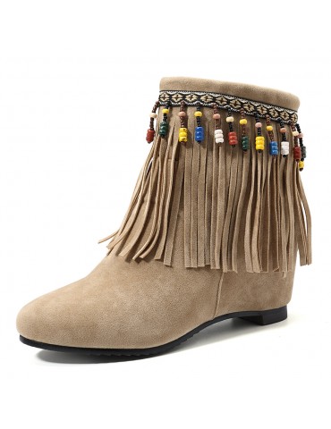 Large Size Women Casual Bohemia Beading Tassel Heigth Increasing Zipper Boots