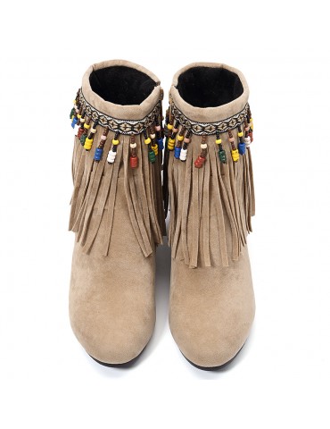 Large Size Women Casual Bohemia Beading Tassel Heigth Increasing Zipper Boots