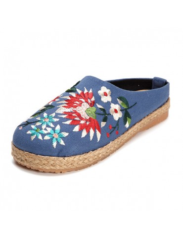 Embroidered  Flat Flax Casual Floral Backless Slipper